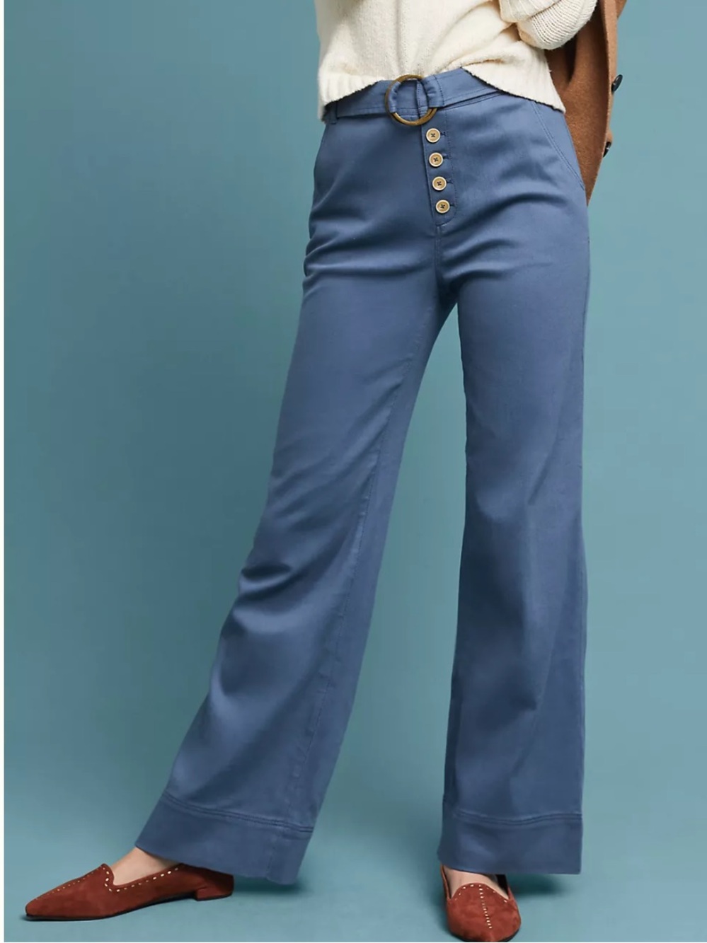 Anthropology Wide Leg Button Front Pants with Belt - Slate Blue